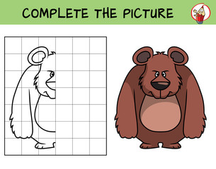 Complete the picture of a bear. Copy the picture. Coloring book. Educational game for children. Cartoon vector illustration