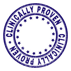 CLINICALLY PROVEN stamp seal imprint with grunge texture. Designed with circles and stars. Blue vector rubber print of CLINICALLY PROVEN caption with scratched texture.