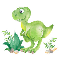 Watercolor illustration with cute dinosaur