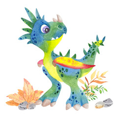 Watercolor illustration with cute dinosaur
