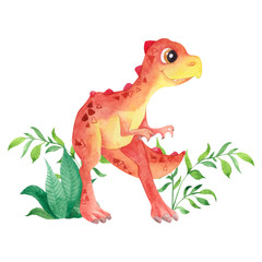Watercolor illustration with cute dinosaur