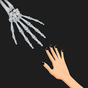 Adead skeleton hand and a human hand together, vector illustration