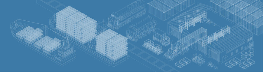 Blueprint of sea port and warehouse on isometric vector design