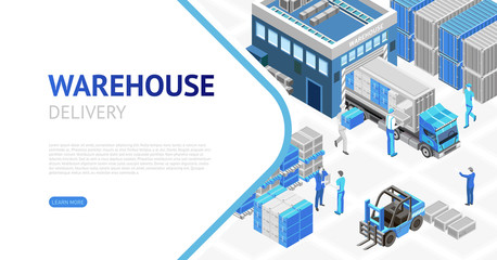 Net page with isometric design of modern cartoon warehouse showing delivery system work