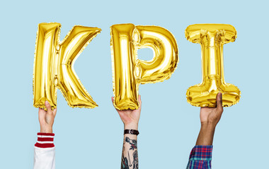 Hands holding KPI word in balloon letters