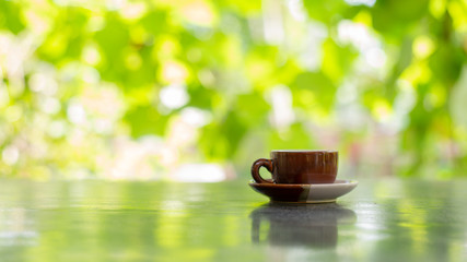cup of coffee on a background of leaves