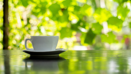 white cup of tea on wooden table in garden