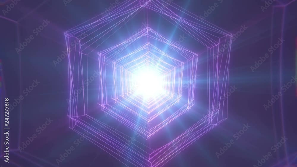 Poster 4k abstract technology neon lines tunnel. pink and violet dots construction. camera rotates and move