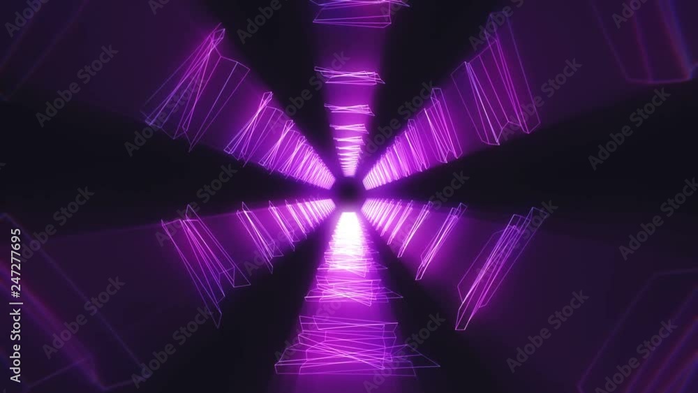 Poster 4k abstract technology neon lines tunnel. pink and violet dots construction. camera rotates and move