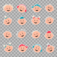 Stickers in the form of faces cartoon babies on the transparent background. Vector illustration in flat style