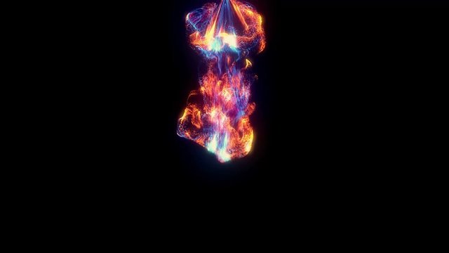 Set of 5 Animation of different multicolored flame. Glowing light particles. Magic background. Isolated on black. 4K