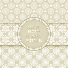 Olive green and white floral seamless patterns. Compilation of designs with flowers