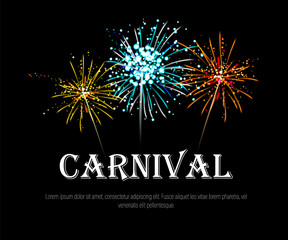 Carnival banner with realistic yellow, blue, orange fireworks