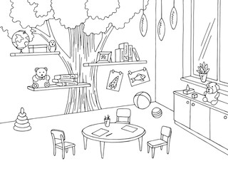 Preschool classroom graphic black white kindergarten interior sketch illustration vector