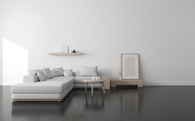 View of white living room in scandinavian style with wood furniture on dark laminate floor.Perspective of minimal design architecture. 3d rendering.	