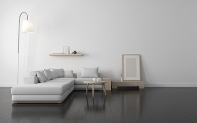 View of white living room in scandinavian style with wood furniture on dark laminate floor.Perspective of minimal design architecture. 3d rendering.	