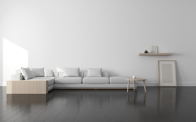View of white living room in scandinavian style with wood furniture on dark laminate floor.Perspective of minimal design architecture. 3d rendering.	