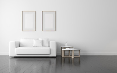 Naklejka na ściany i meble View of white living room in scandinavian style with wood furniture on dark laminate floor.Perspective of minimal design architecture. 3d rendering. 