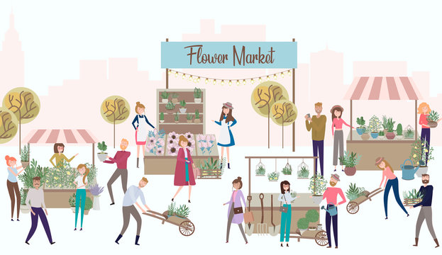 Flower market poster with people selling and shopping at walking street, cartoon flat design. Editable vector illustration