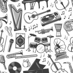 Musical instruments monochrome seamless pattern