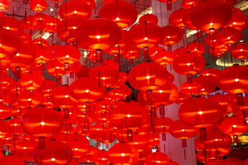 Chinese New year red paper latern decoration in shopping mall.