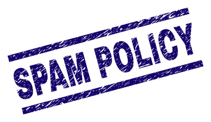 SPAM POLICY seal stamp with grunge style. Blue vector rubber print of SPAM POLICY label with grunge texture. Text label is placed between parallel lines.