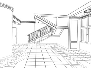 interior contour visualization, 3D illustration, sketch, outline