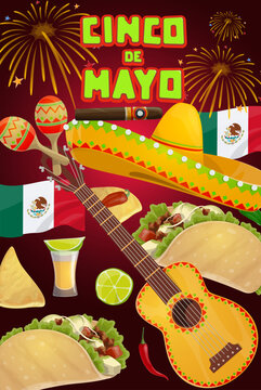 Mexican sombrero, guitar, maracas. Cinco de Mayo