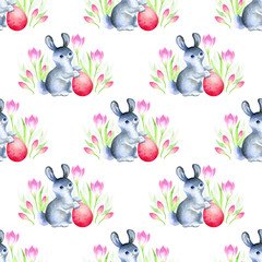 Easter seamless pattern with hand drawn cute bunnies, flowers and colored eggs. Watercolor background.