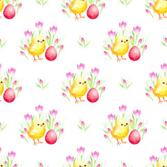 Obraz na płótnie Canvas Easter seamless pattern with hand drawn cute chickens, flowers and colored eggs. Watercolor background.