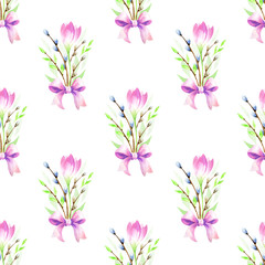 Easter seamless pattern with hand drawn flowers . Watercolor background.