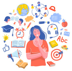 Woman have a question. the girl thought of training School Doodle vector set. learning of foreign languages. Hand drawn icons