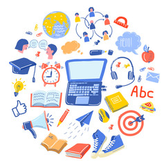 School Doodle vector set. learning of foreign languages. Hand drawn icons. Online training