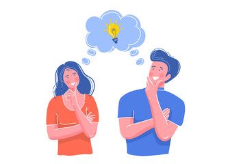Man and woman have a question. The young girl and the young guy stand nearby having thought. A pose of the thinking person