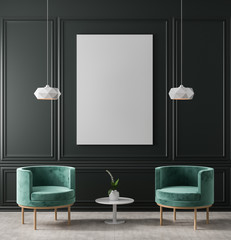 Mock up poster frame in classic style interior. Minimalist classic room with armchair. 3D illustration.