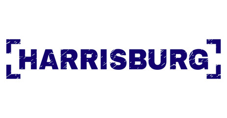 HARRISBURG title seal print with corroded style. Text caption is placed between corners. Blue vector rubber print of HARRISBURG with corroded texture.