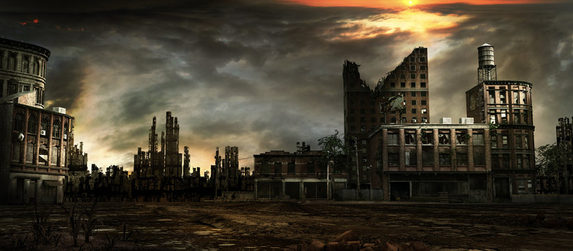 Stormy sky over city ruins