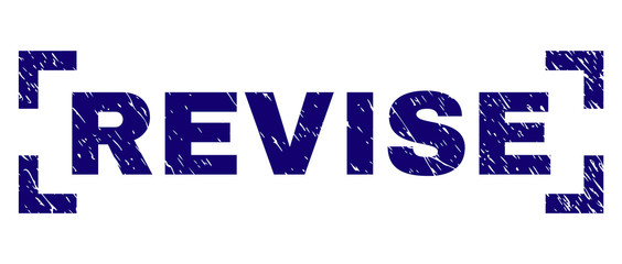 REVISE text seal print with corroded effect. Text label is placed between corners. Blue vector rubber print of REVISE with unclean texture.