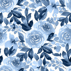 Loose watercolor flowers. Seamless floral pattern with tea rose in indigo blue - 247283689