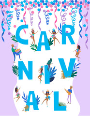 Fototapeta na wymiar Brazil Carnival poster template with Brazilian samba dancer. Carnival in Rio de Janeiro with girls wearing a festival costume. Editable vector illustration