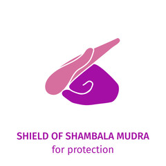 Element yoga shield of Shambala mudra hands. Vector illustration on a white background for a yoga studio, spa, postcards, souvenirs. Pink hand and purple hand in gesture. Hand in fist