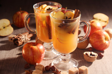 Two cups with hot cider in cold season with cinnamon and anise