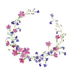 Fototapeta na wymiar A wreath of watercolor pink and blue flowers .For greetings and invitations