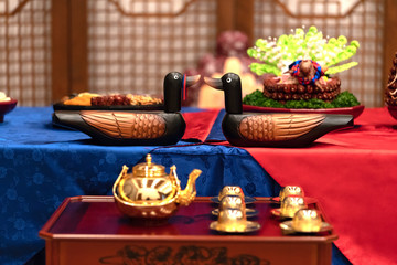 Pyebaek is traditional ceremony to pay respect to the groom's family by the newly-wedded couple right after their wedding. This ceremony is still practiced in many weddings in Korea.