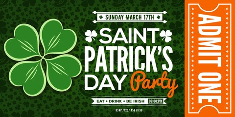 Saint Patrick's Day party celebration invitation, ticket, admit one. Vector illustration