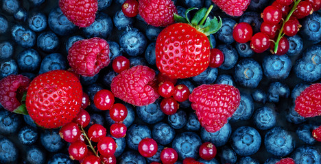 Summer Berries Background. Fresh  Berry mix with Strawberry, Raspberry, Red currant,  Blueberry and Blackberry, top view