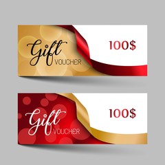 Valentines day luxury gift vouchers set. Red and golden color two design, on gray background. For a festive season Vector illustration EPS10. 