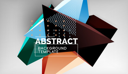 3d geometric triangular shapes abstract background, color triangles composition on grey backdrop, business or hi-tech conceptual wallpaper