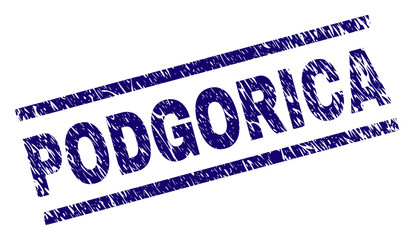 PODGORICA seal imprint with scratced style. Blue vector rubber print of PODGORICA text with retro texture. Text label is placed between parallel lines.