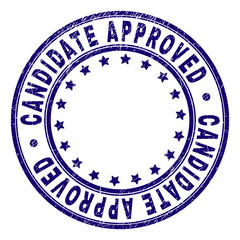 CANDIDATE APPROVED stamp seal watermark with grunge texture. Designed with round shapes and stars. Blue vector rubber print of CANDIDATE APPROVED tag with grunge texture.